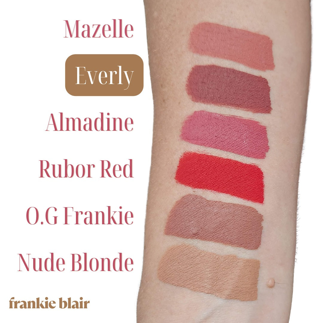 Frankie Blair Matte Lip Swatches on Arm highlighting Everly