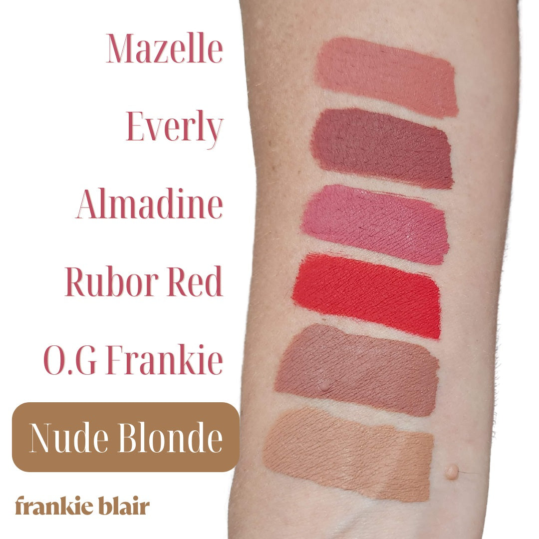 Frankie Blair Matte Lip Stain swatch on arm highlighting Nude Blonde