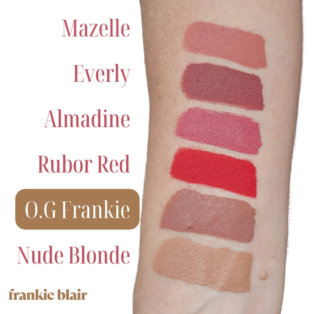 Frankie Blair Matte Lip Stain swatch on arm highlighting O.G Frankie