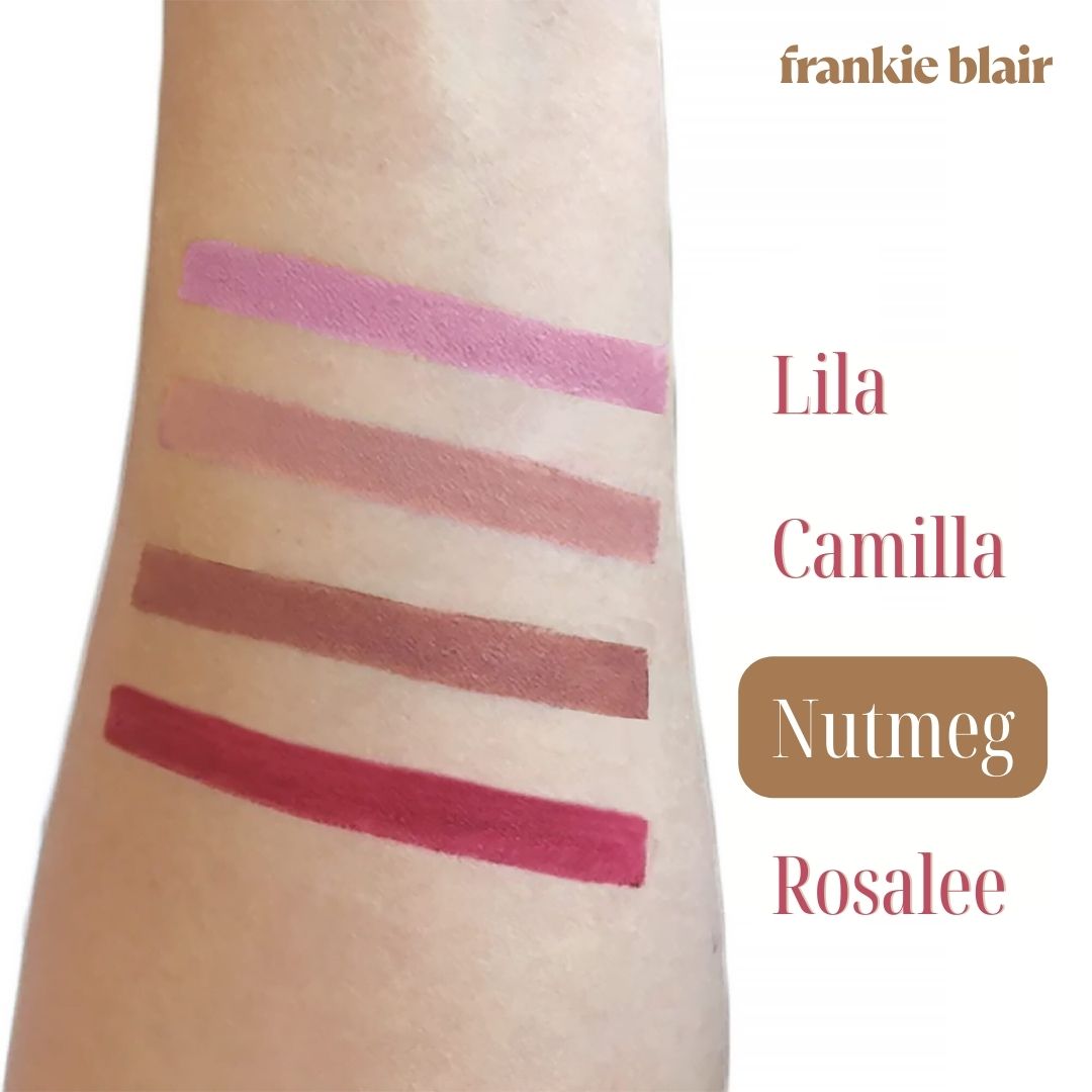 Frankie Blair Retractable Lip Liner Nutmeg Swatch a creamy highly pigmented brown..