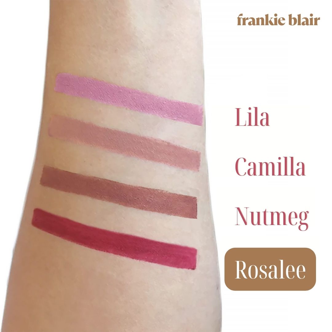 Frankie Blair Retractable Lip Liner Rosalee Swatch a creamy highly pigmented pink red.